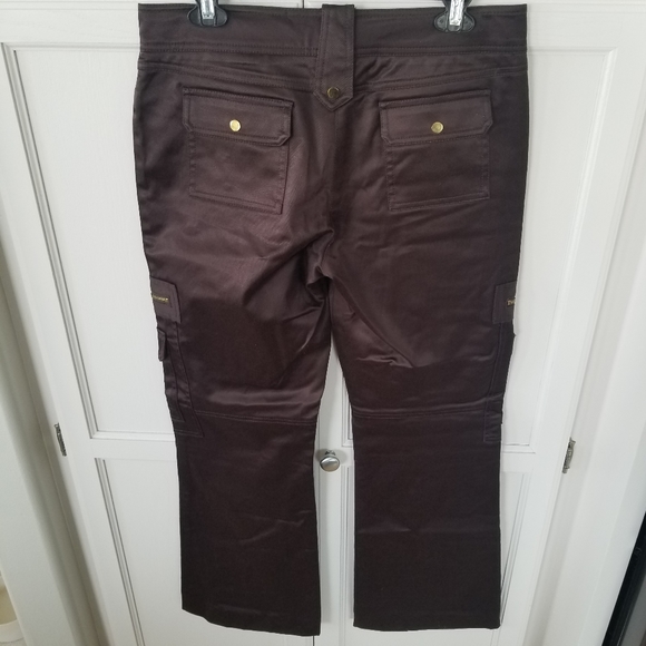 Y2K Cache Brown Satin Cargo Flare Pants - Picture 2 of 4